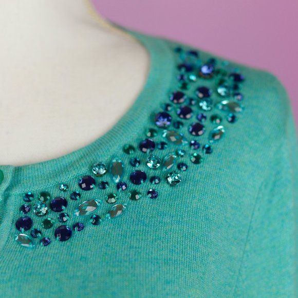 Turquoise cardigan with sequined collar - Picture 5 of 8